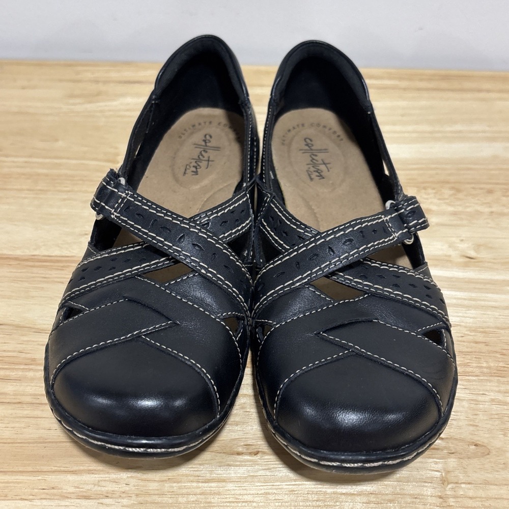 Clarks Ashland Spin Q Mary Jane Black Leather Shoes Womens 7.5 Adjustable Strap